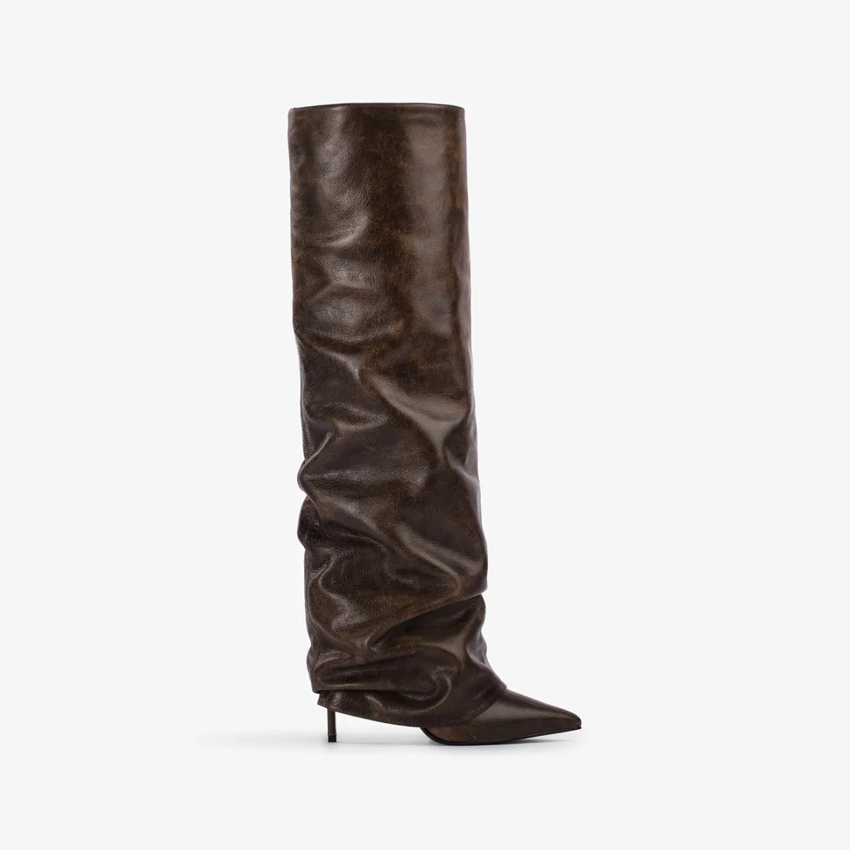 ANDY BOOT 120 mm Brown vintage effect leather cuffed knee boot