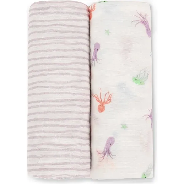 Bamboo Little Swaddle Blanket Set, Octopus & Lavender Wave