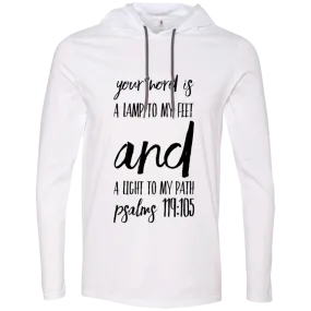 Bible Verse Men Long Sleeve T-Shirt Hoodie - Your Word Is Light To My Path ~Psalm 119:105~ Design 9 (Black Font)