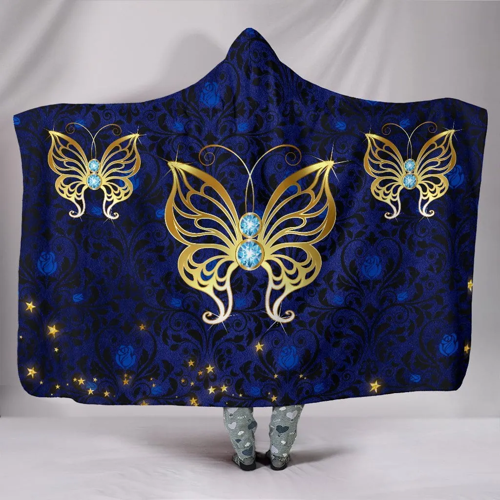 Blue Rose Damask Butterfly Hooded Blanket