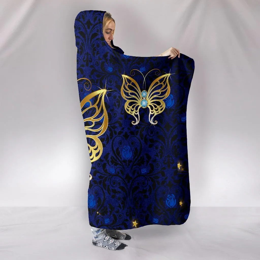 Blue Rose Damask Butterfly Hooded Blanket