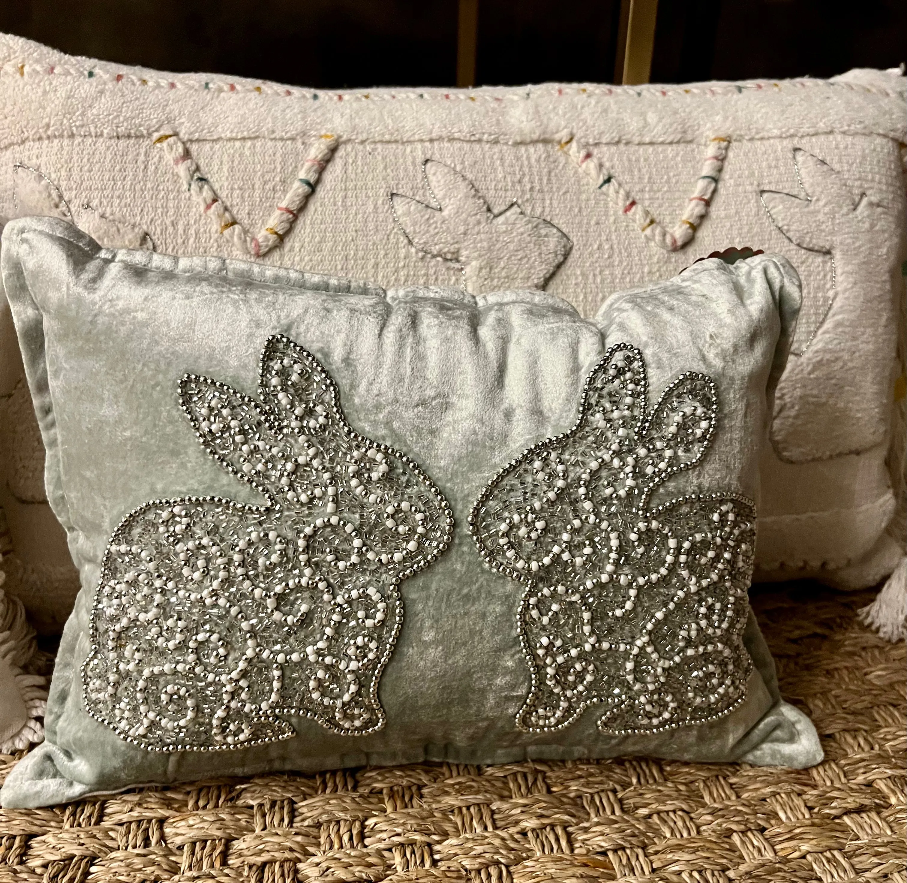 Bunny Beaded Pillow - Green