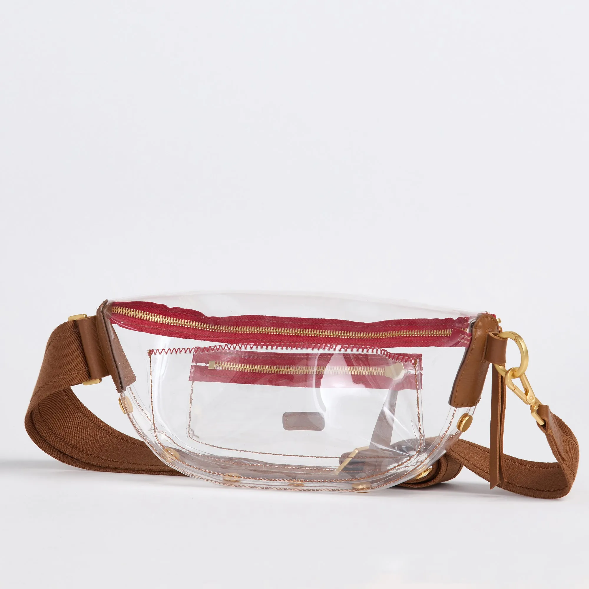 Charles Crossbody Clear | Mahogany Pebble/Brushed Gold Red Zip | Med