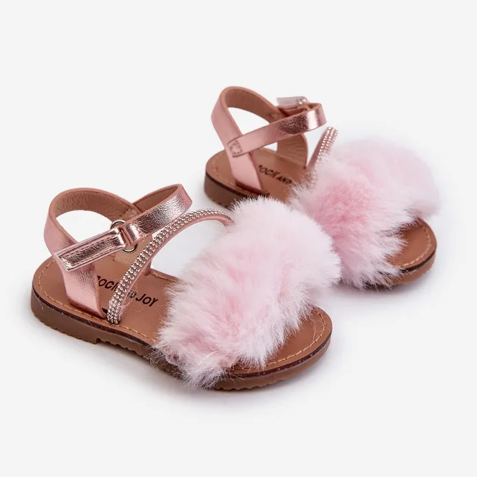 Children's Velcro Sandals With Fur, Pink Rosavere