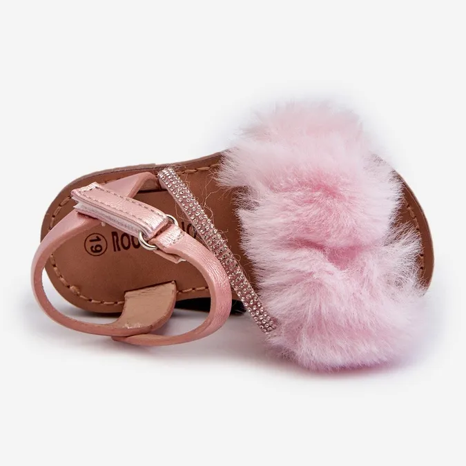 Children's Velcro Sandals With Fur, Pink Rosavere