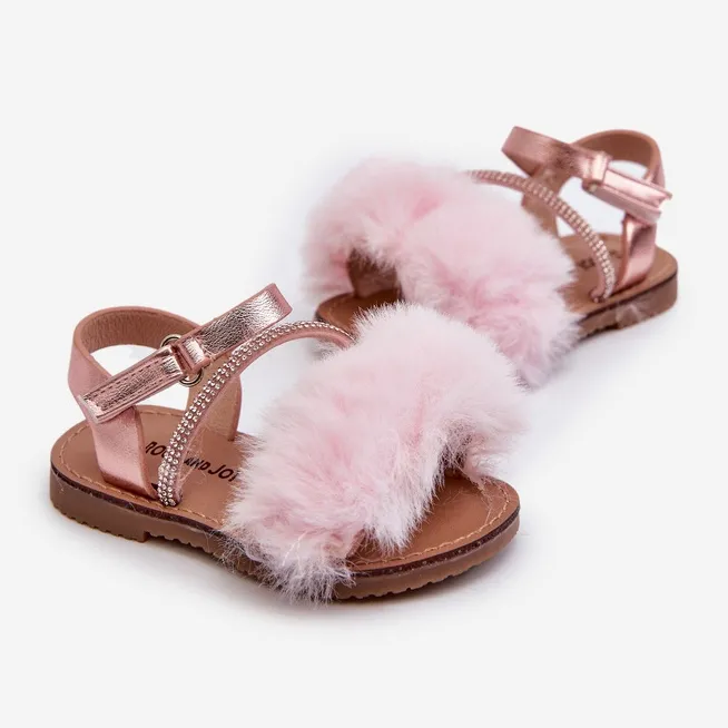 Children's Velcro Sandals With Fur, Pink Rosavere