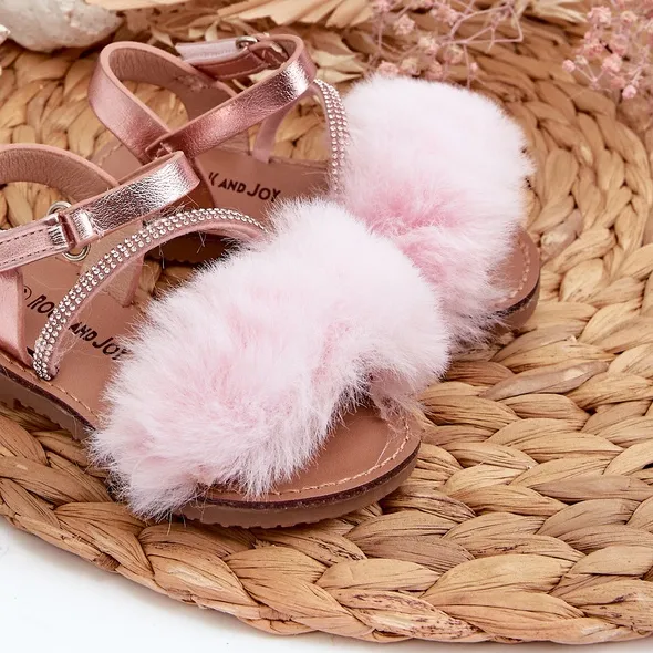 Children's Velcro Sandals With Fur, Pink Rosavere