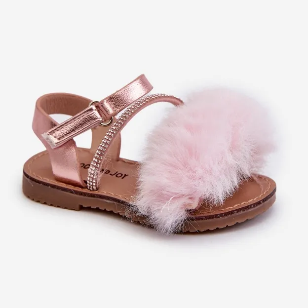 Children's Velcro Sandals With Fur, Pink Rosavere