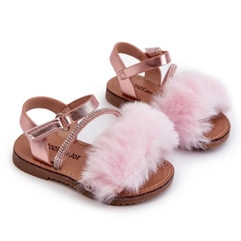 Children's Velcro Sandals With Fur, Pink Rosavere