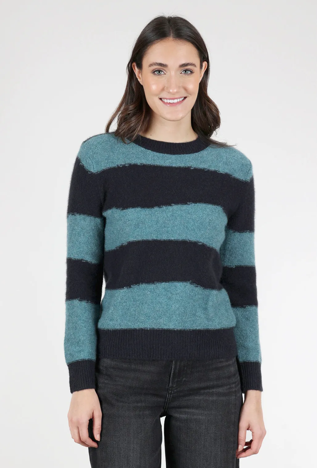 Cozy Lofted Cashmere Pullover, Black/Utopia Stripe