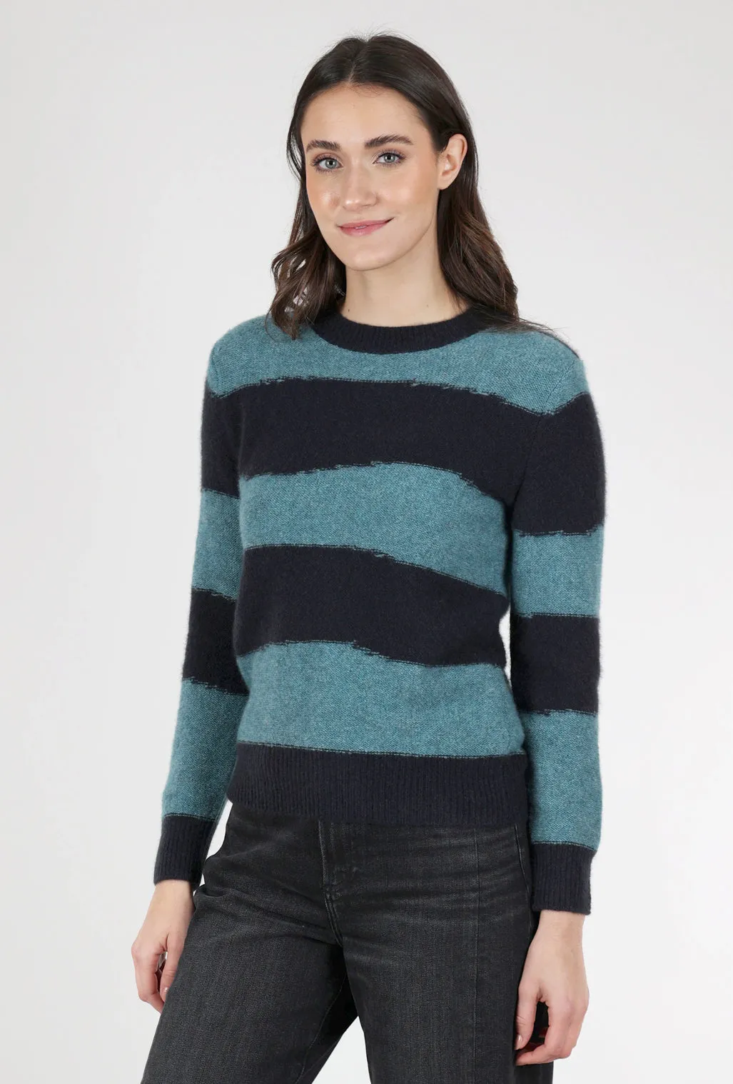 Cozy Lofted Cashmere Pullover, Black/Utopia Stripe