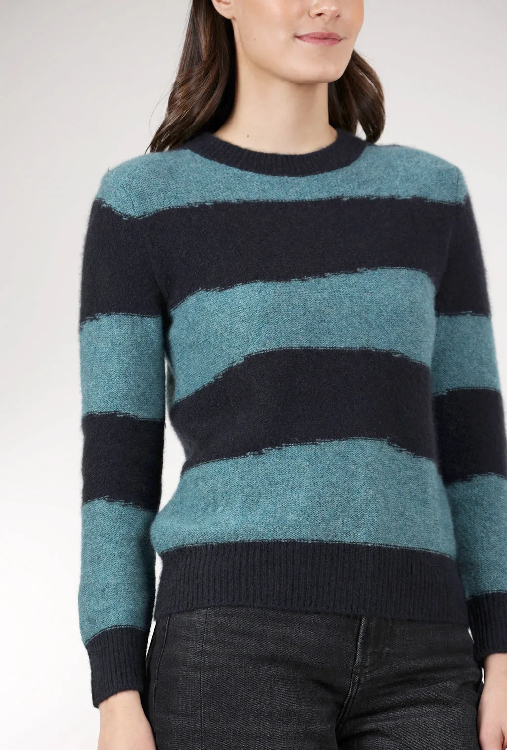 Cozy Lofted Cashmere Pullover, Black/Utopia Stripe