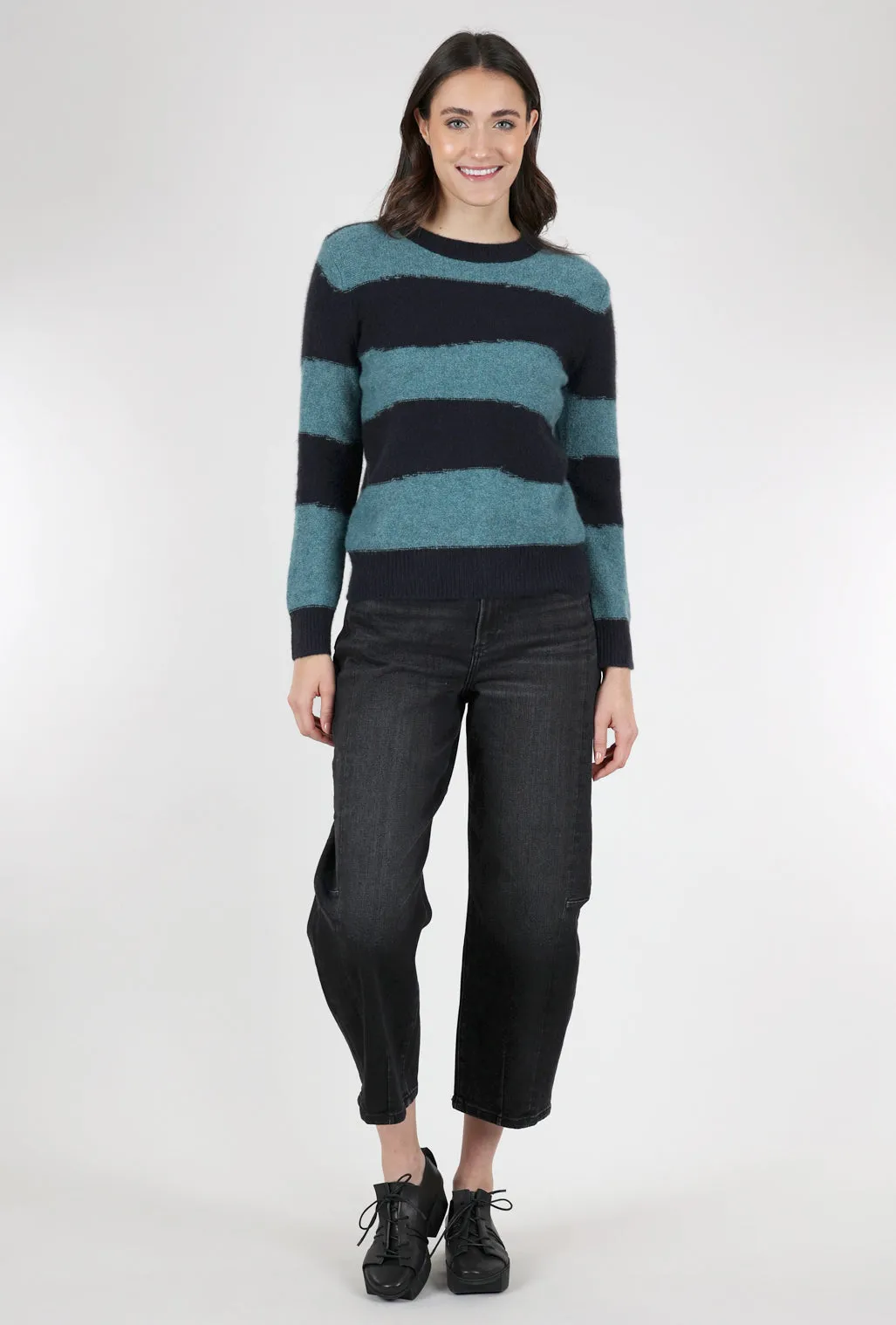 Cozy Lofted Cashmere Pullover, Black/Utopia Stripe