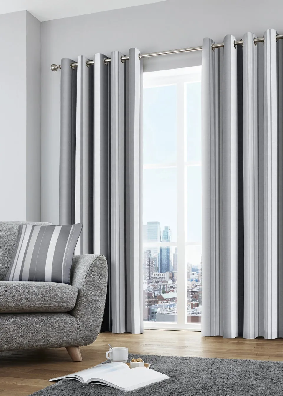 Fusion Whitworth Stripe Grey Eyelet Curtains