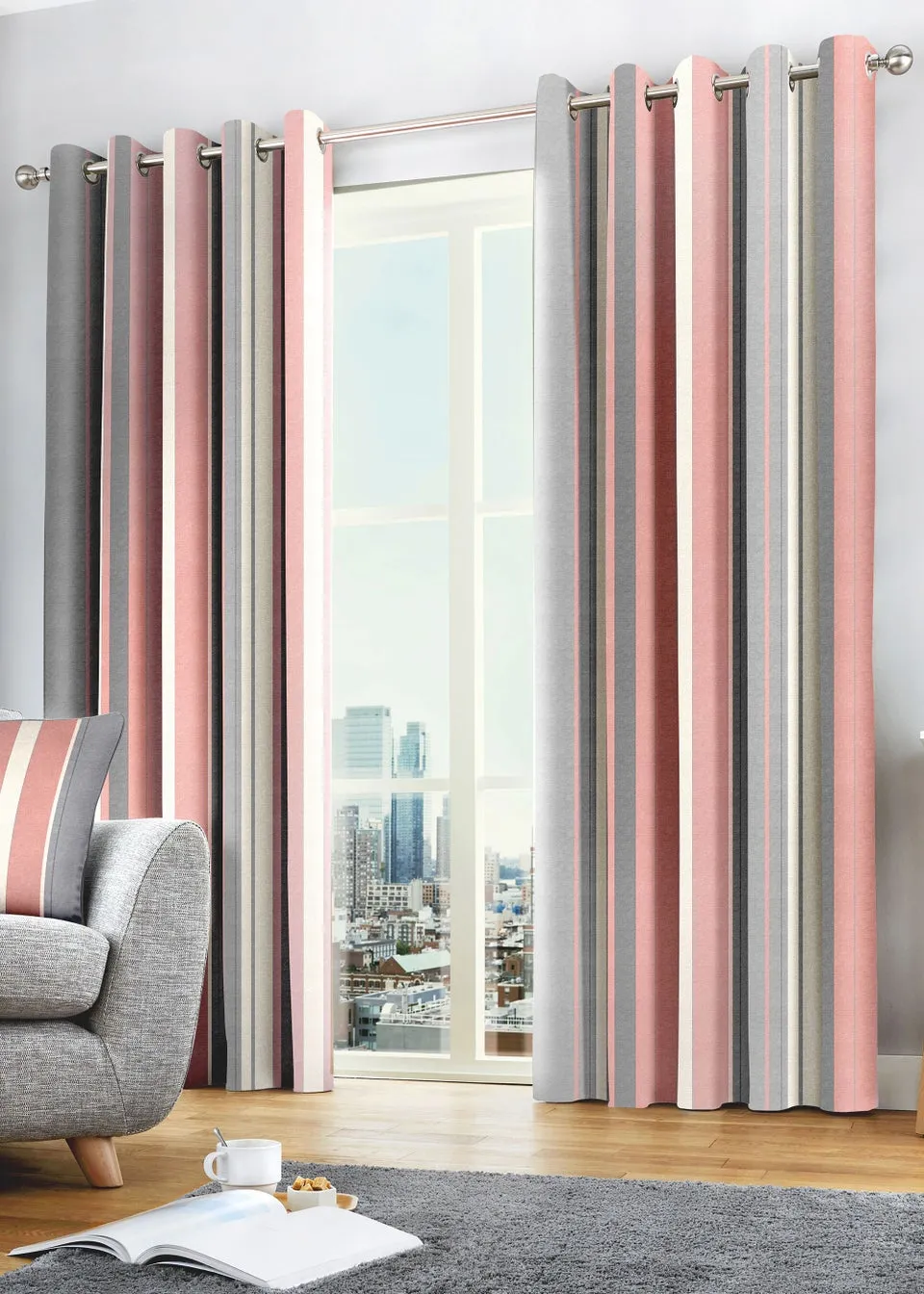 Fusion Whitworth Stripe Pink Eyelet Curtains