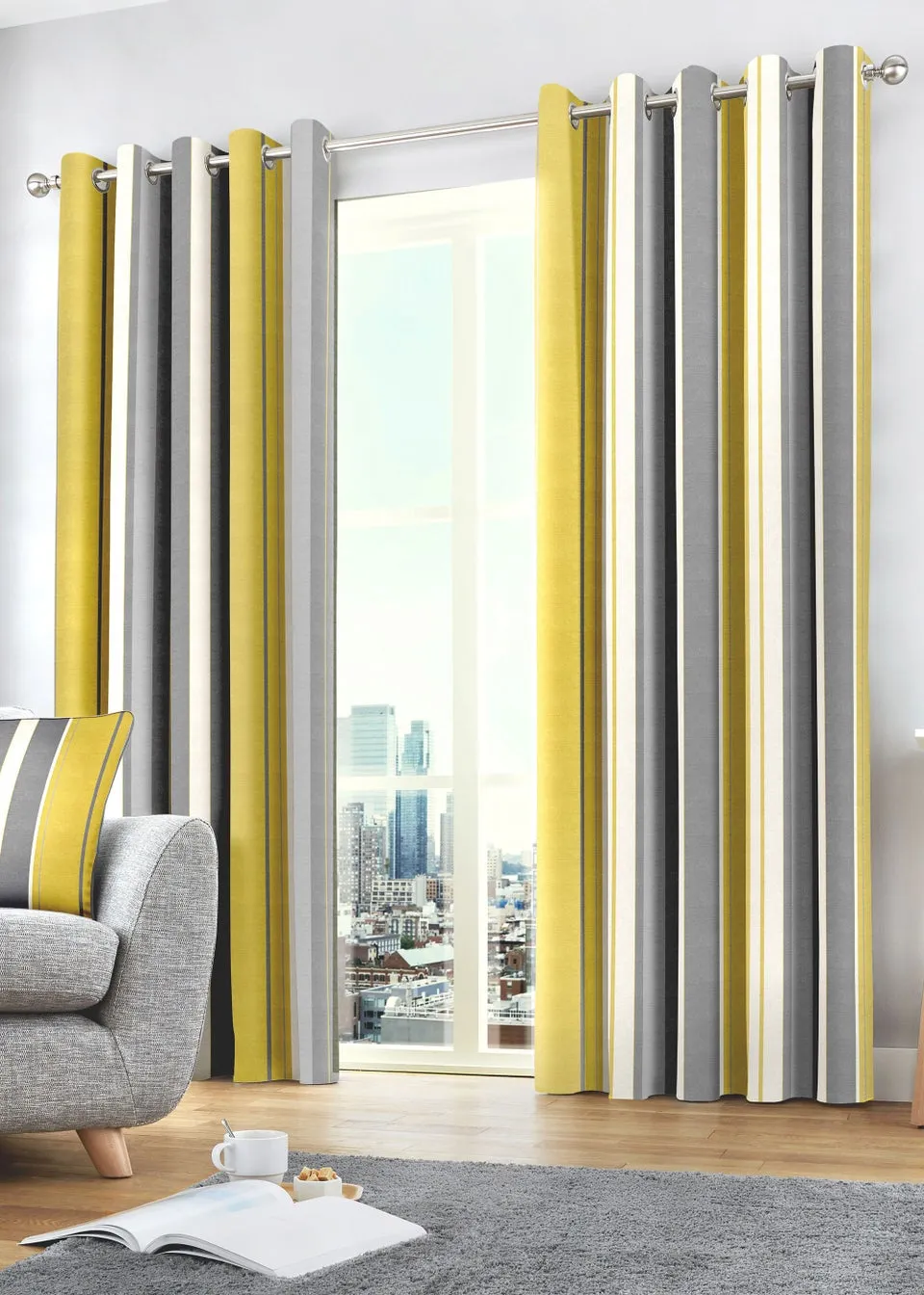 Fusion Whitworth Stripe Yellow Eyelet Curtains