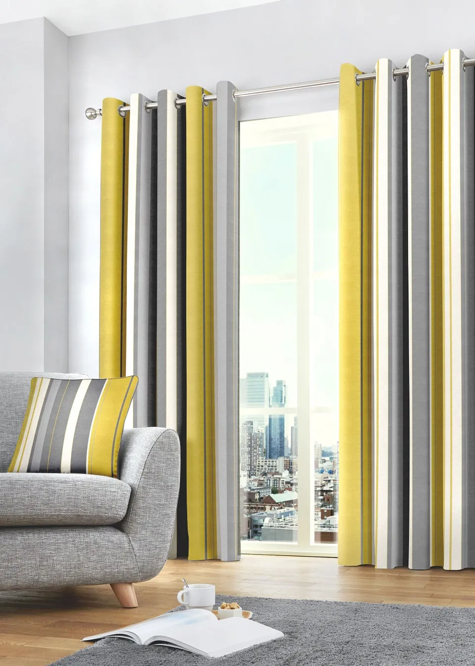 Fusion Whitworth Stripe Yellow Eyelet Curtains