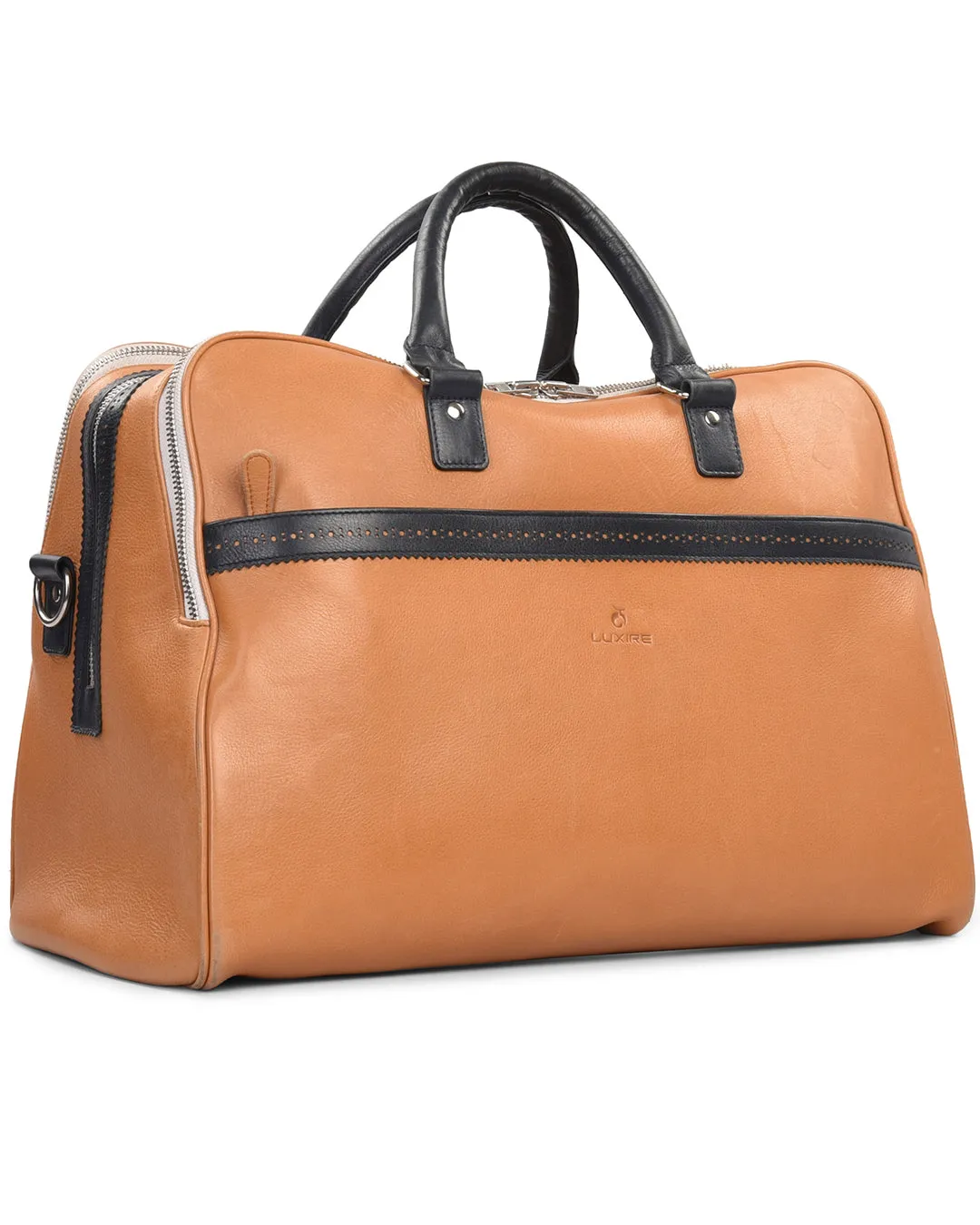 Large Travel Bag in Tan Calf Leather With Navy Trims