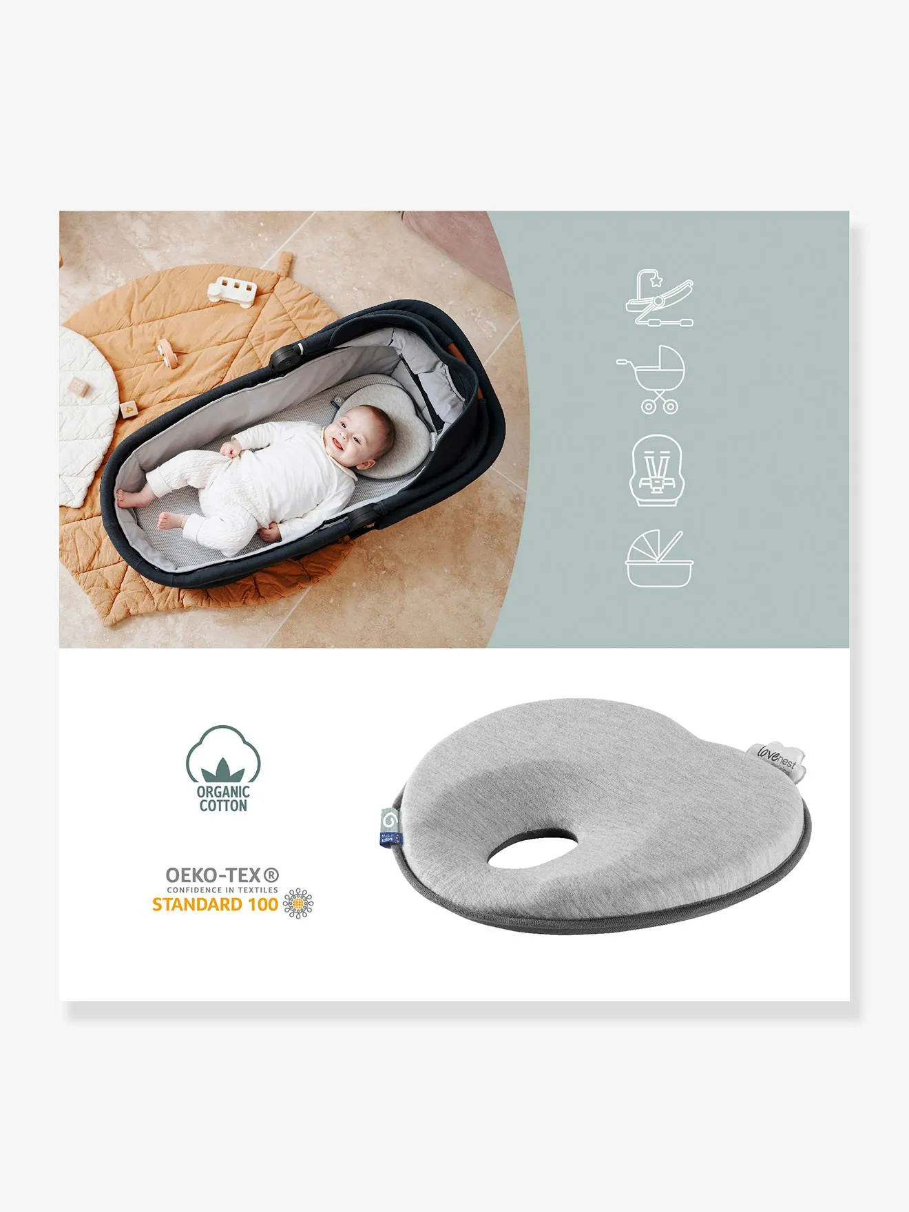 Lovenest Original Flat Head Baby Pillow, by BABYMOOV - grey