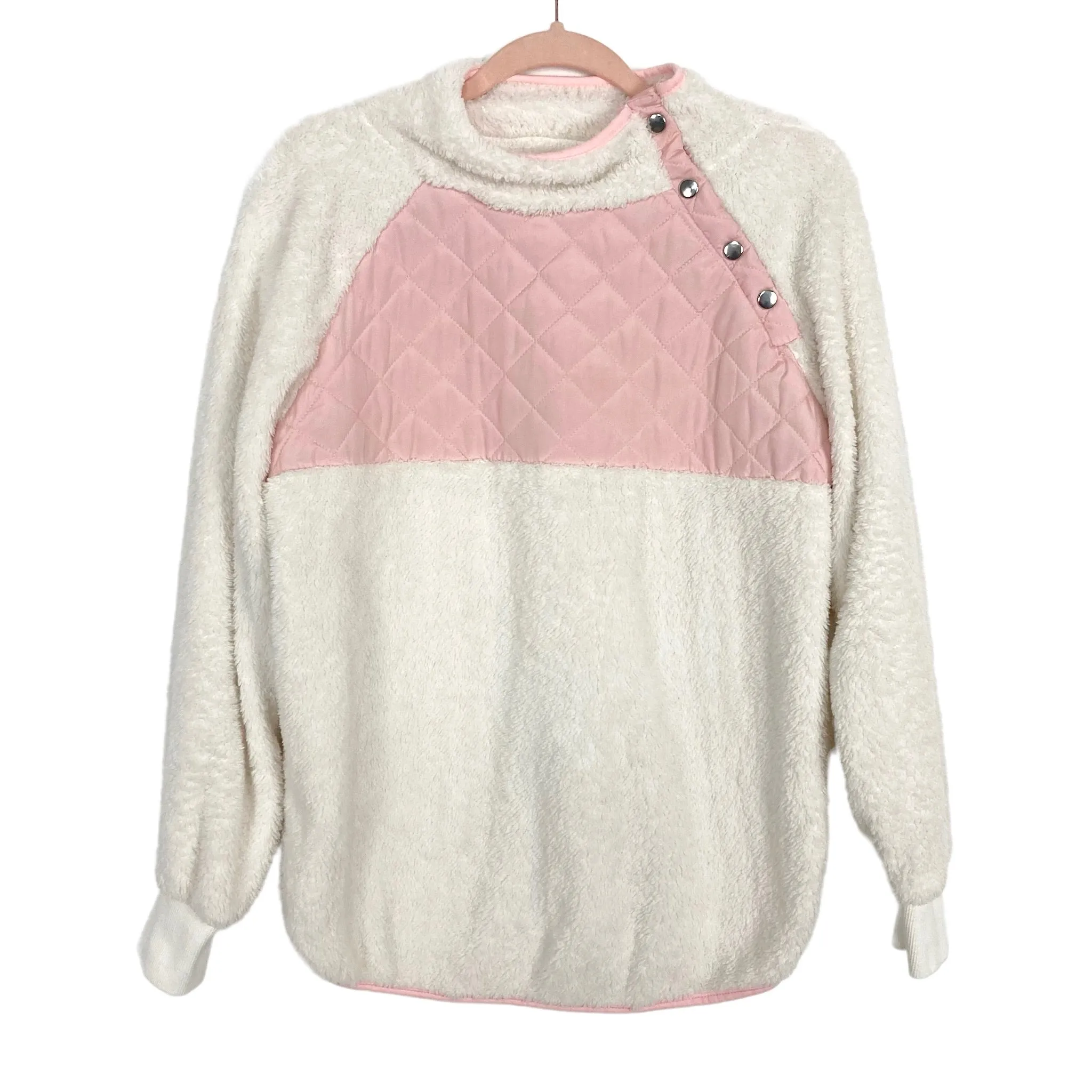 No Brand White with Pink Quilt Detail Fleece Pullover- Size S