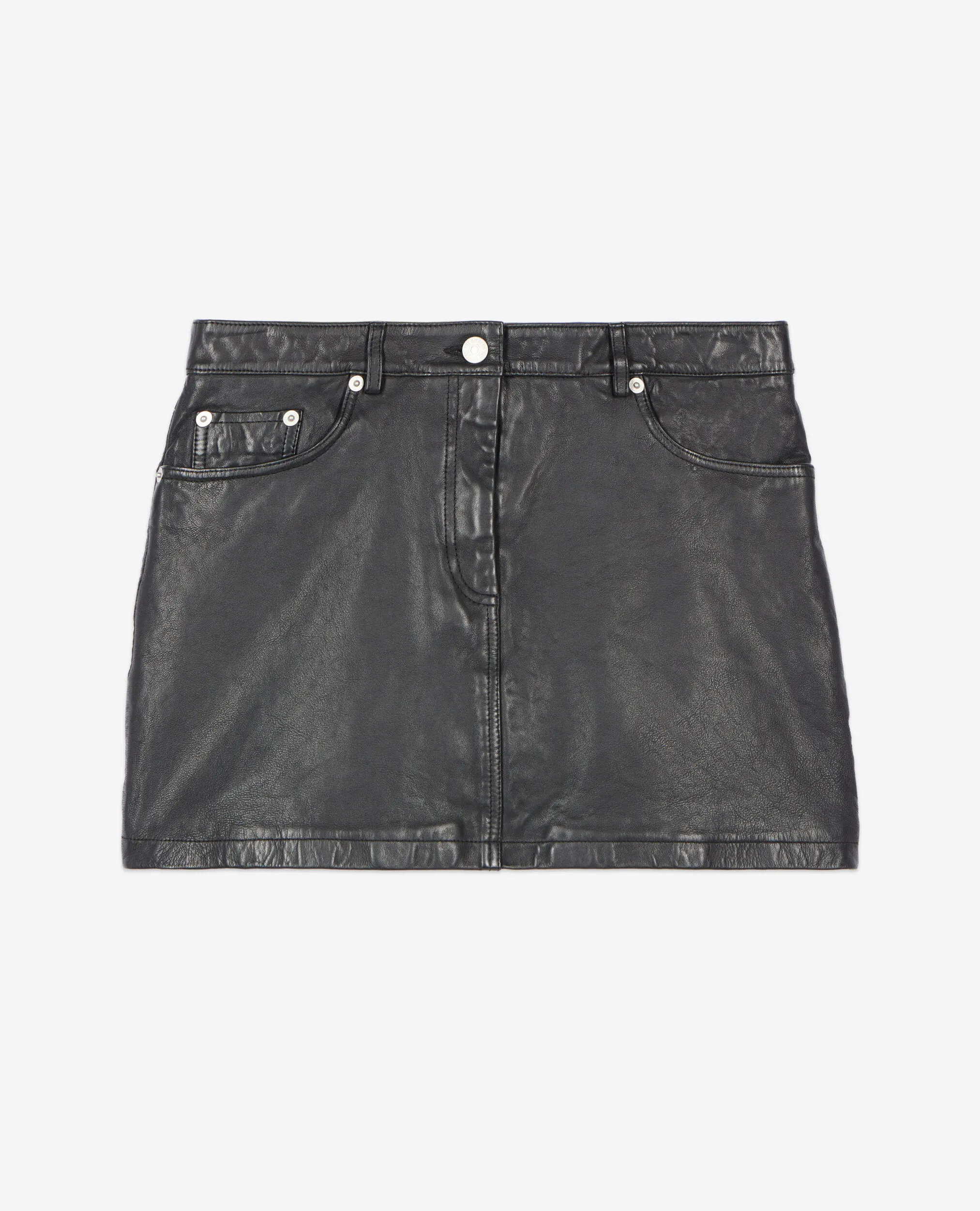 Short black leather skirt