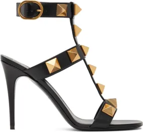 Valentino Garavani Black Calfskin Roman Stud 100 Heeled Sandals