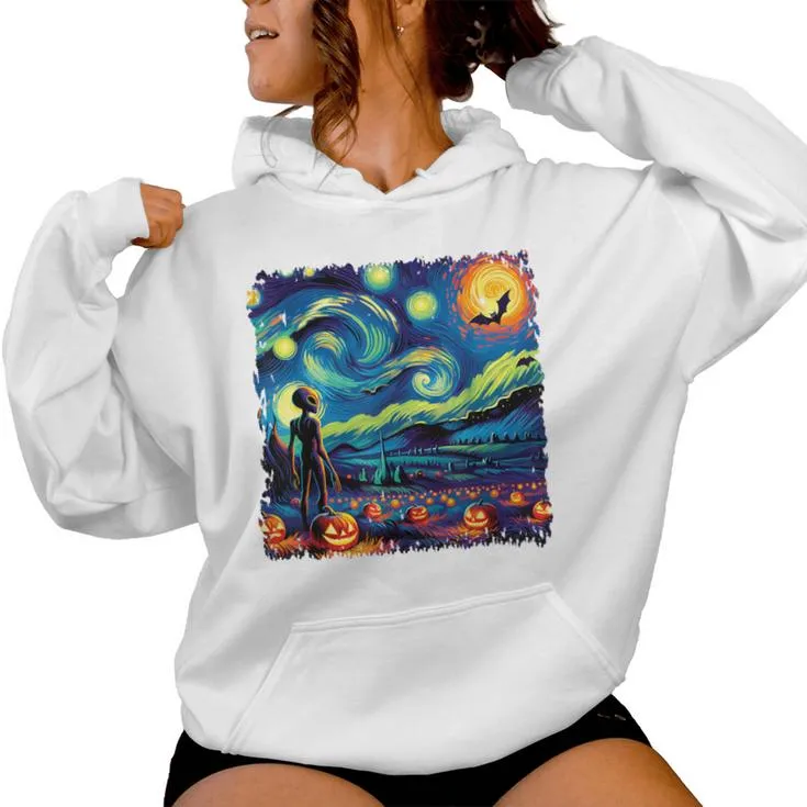 Van Gogh Starry Night Alien Man Halloween Fall Pumpkin Bats Women Hoodie