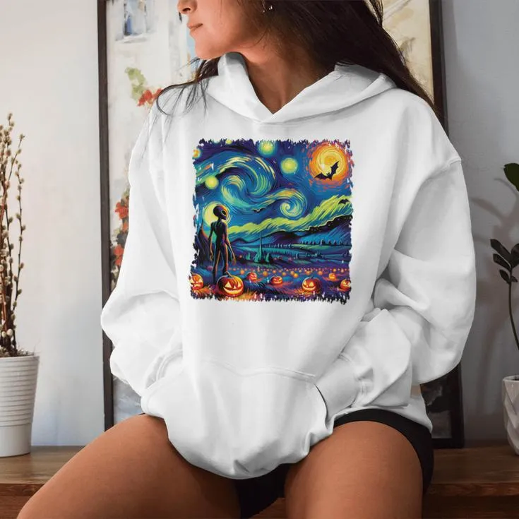 Van Gogh Starry Night Alien Man Halloween Fall Pumpkin Bats Women Hoodie