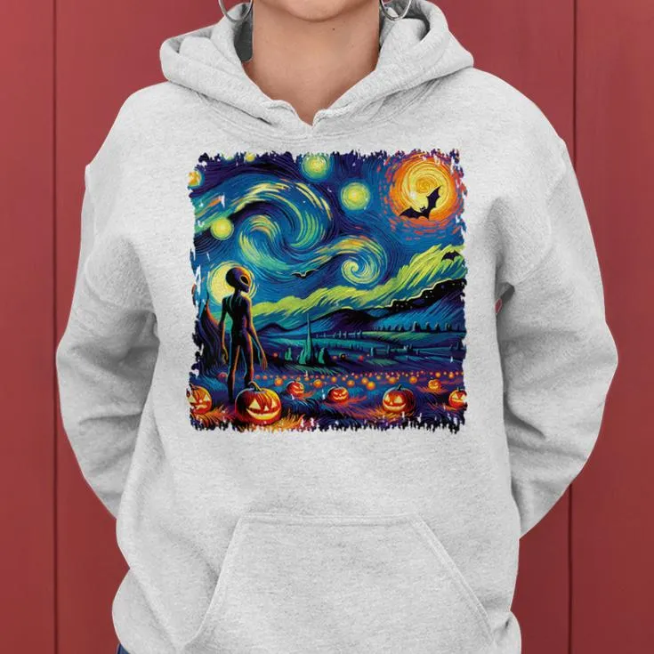 Van Gogh Starry Night Alien Man Halloween Fall Pumpkin Bats Women Hoodie