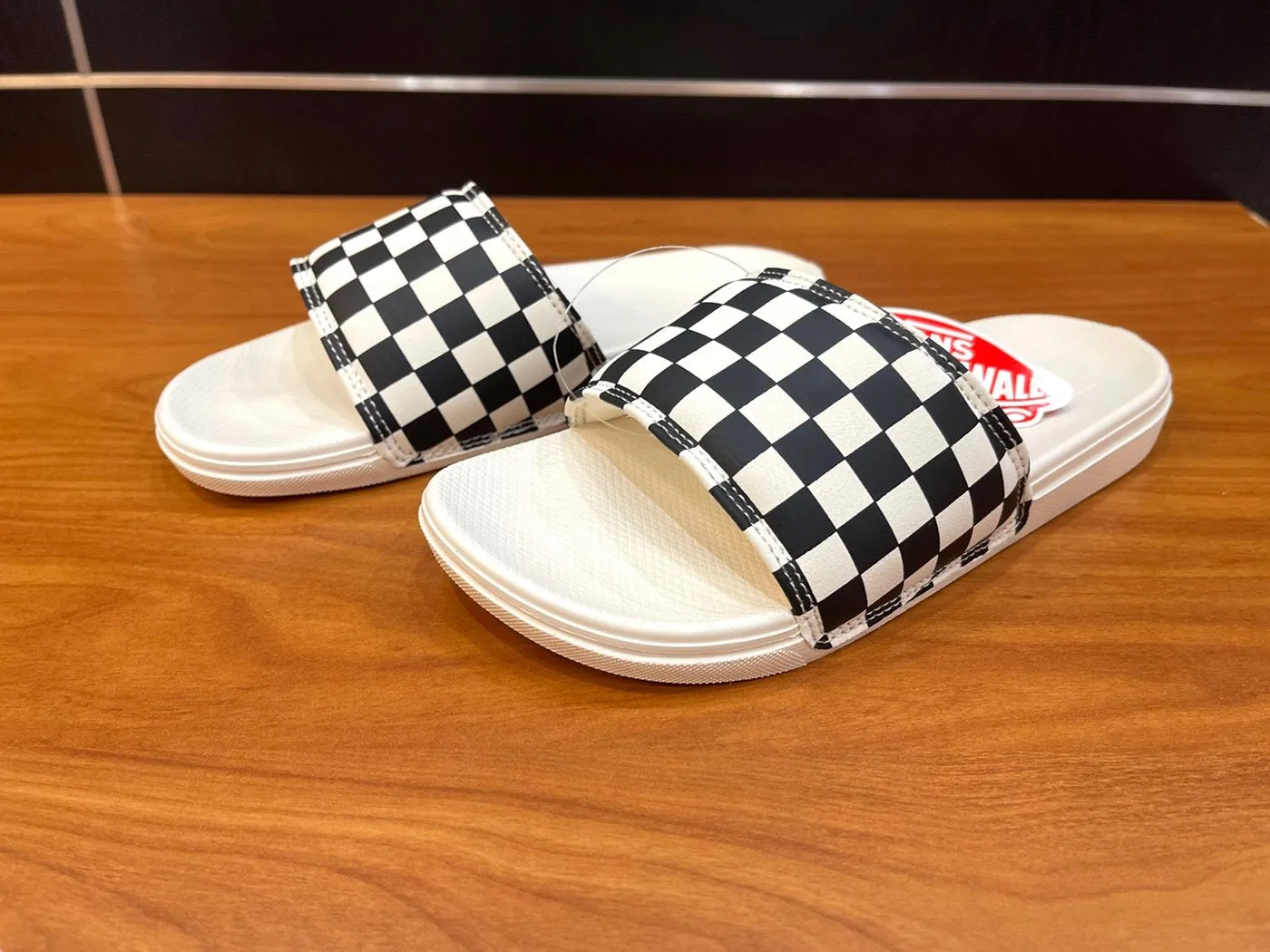 Vans Women's White Checkerboard Pattern Slides