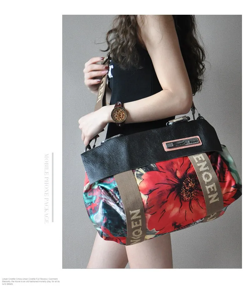 Women Genuine Leather Printing Flowers Large Capacity Shoulder Messenger Bag Travel Handbags