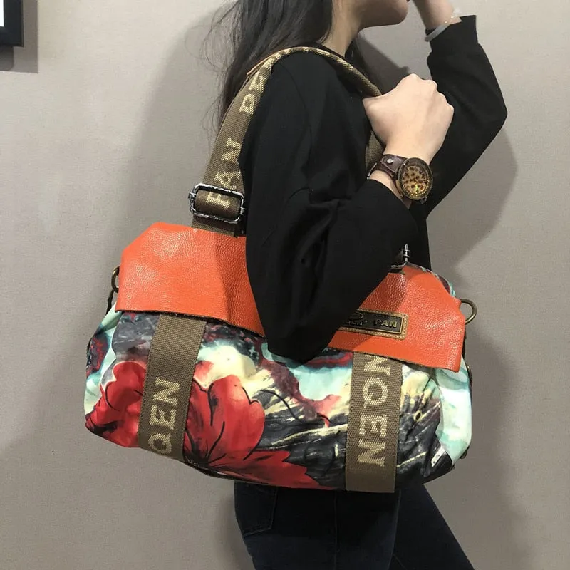 Women Genuine Leather Printing Flowers Large Capacity Shoulder Messenger Bag Travel Handbags