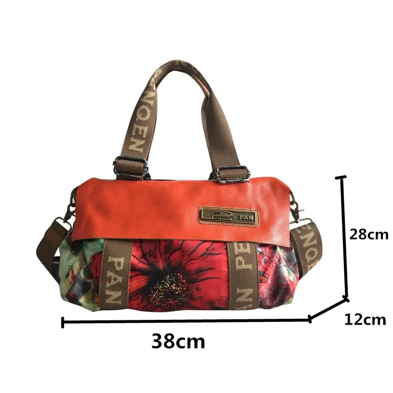 Women Genuine Leather Printing Flowers Large Capacity Shoulder Messenger Bag Travel Handbags